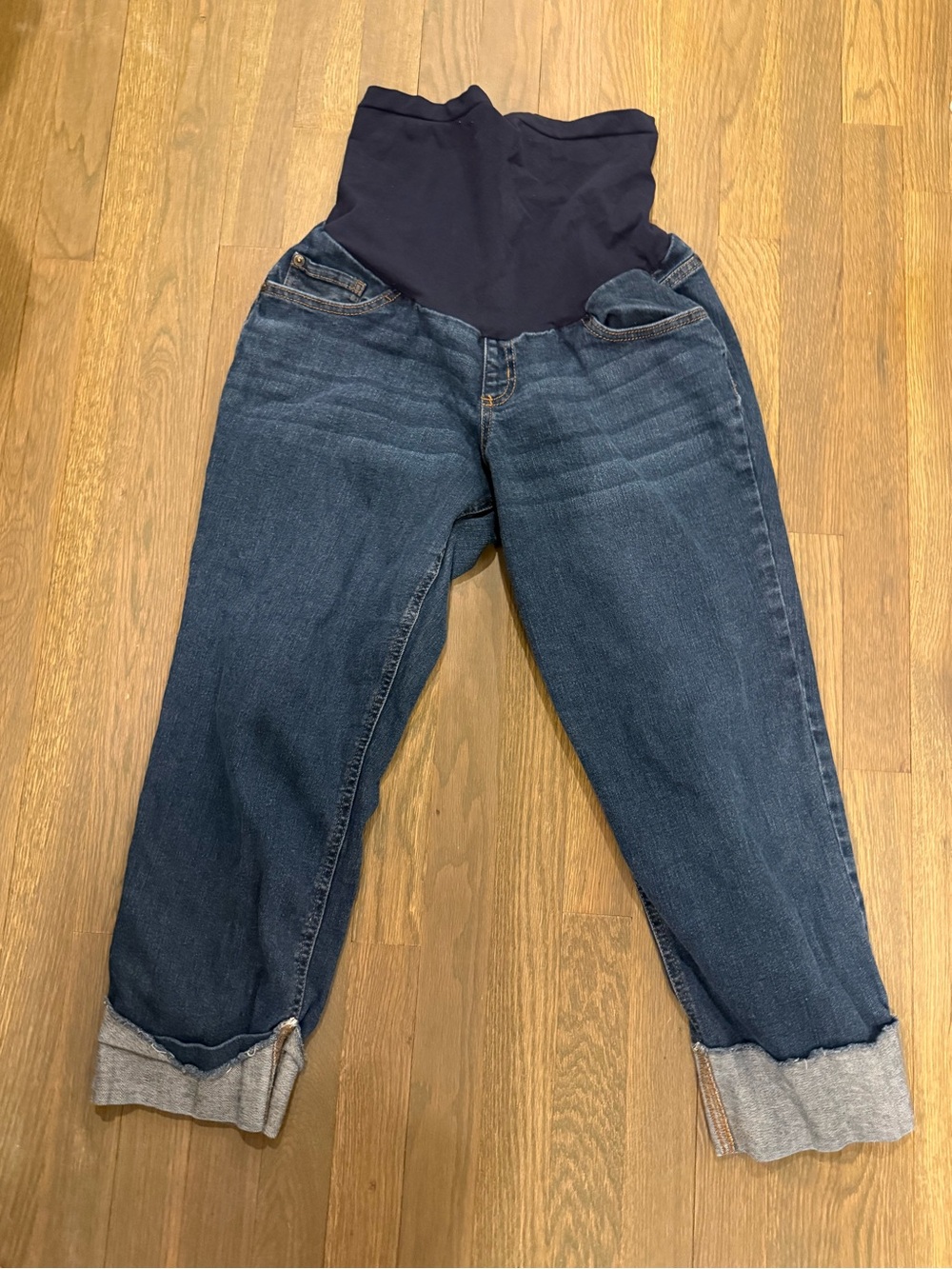 Indigo blue Navy Panel Dark Blue Boyfriend Maternity cropped Jeans size Large